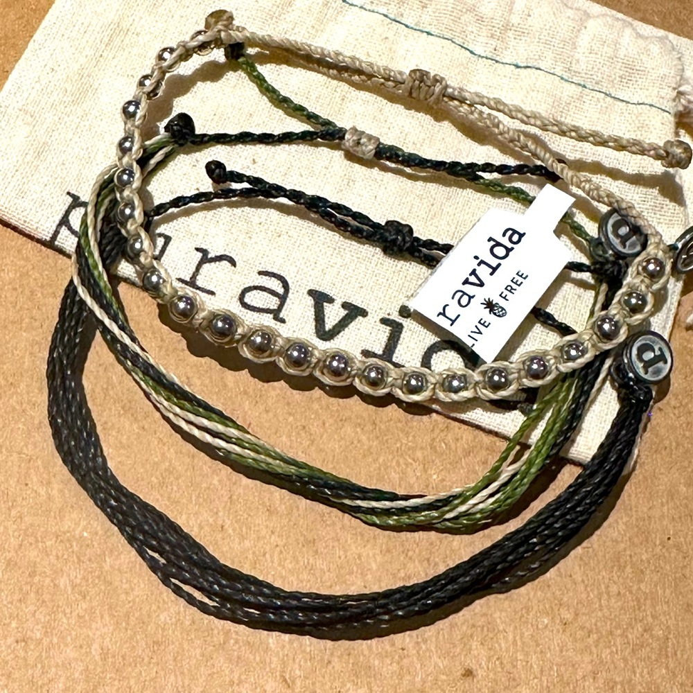 PURA VIDA Black, Army Green & Tan & Tan Silver Studded Bead Bracelet Set NEW